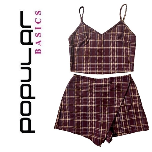 POPULAR BASICS Plaid Outfit 2-pc Crop Top Skort Stretch Junior’s M - Picture 1 of 16